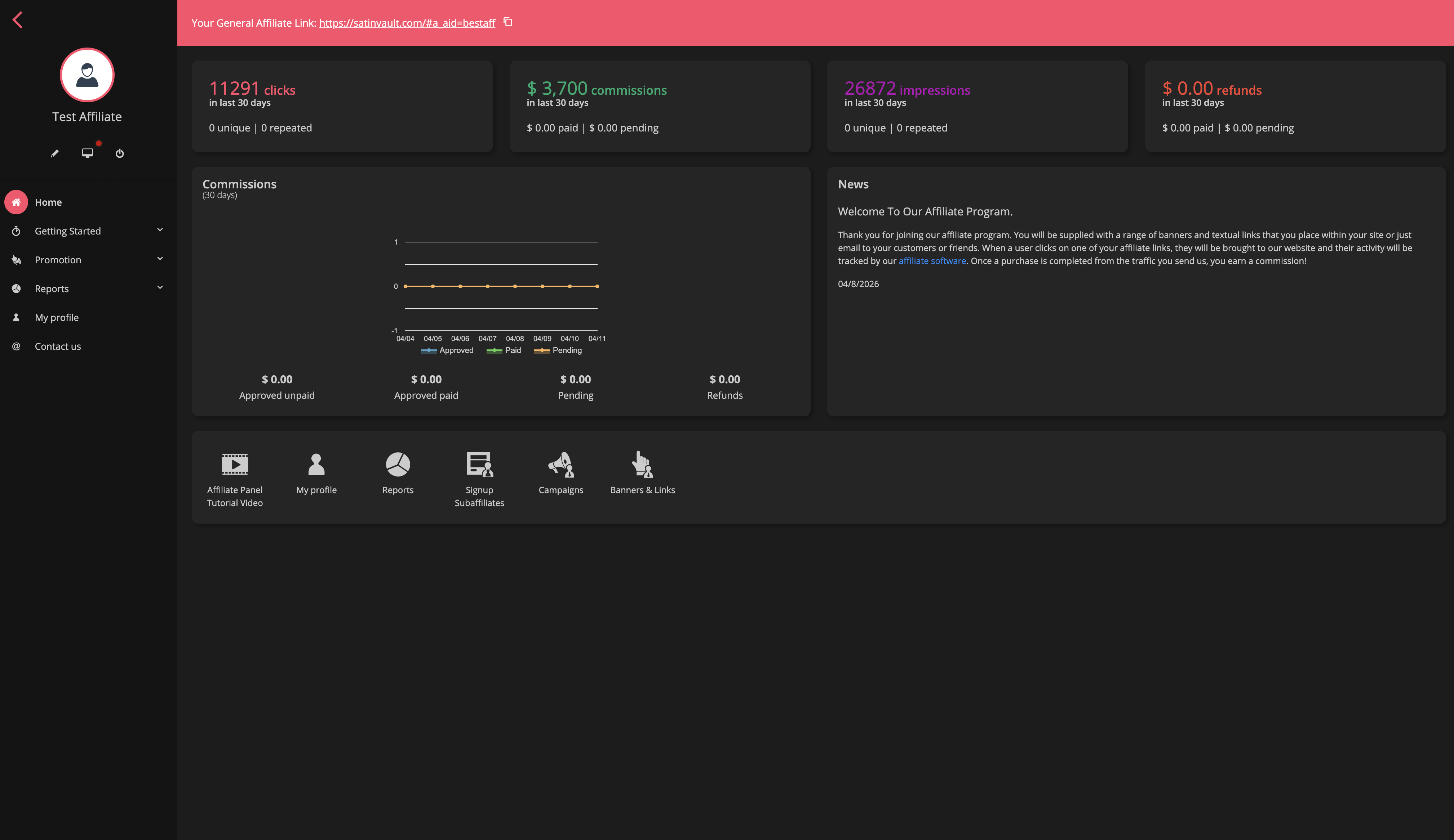 SatinVault affiliate dashboard showing clicks, commissions, and earnings