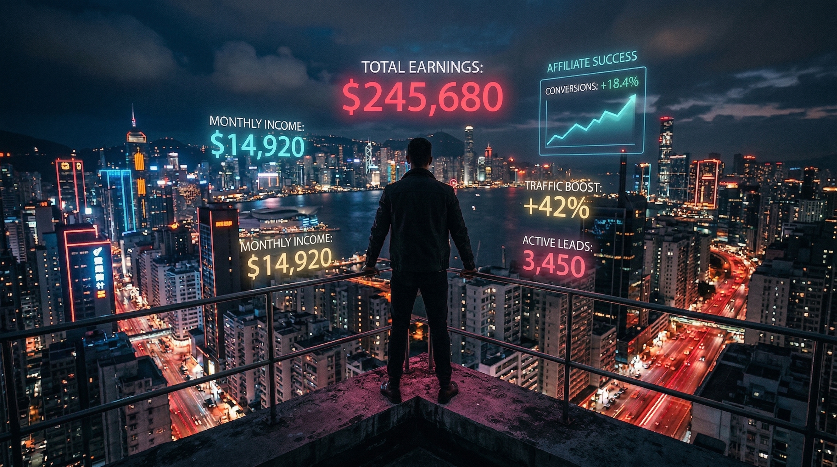 Affiliate marketer overlooking city skyline with earnings dashboard
